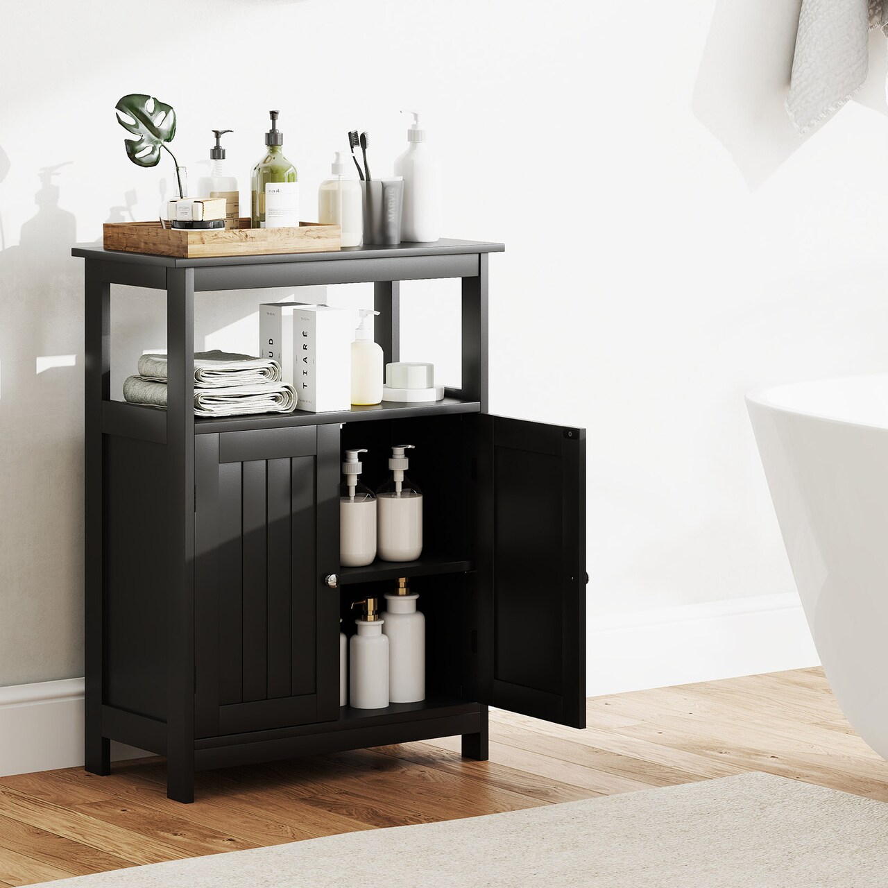 Freestanding Bathroom Storage Cabinet with Open Compartment and Adjustable Shelf